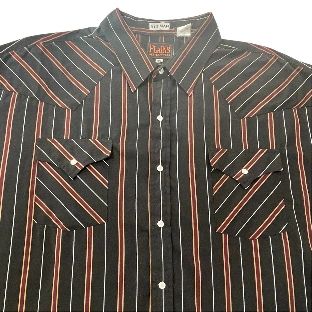 Plains Western Wear Men 3X Big Man Pearl Snap Shirt Striped Black Burgundy Gold